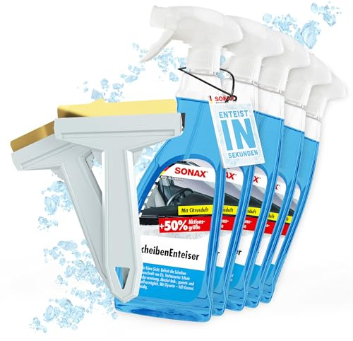 autopflege Auto Scheibenenteiser Set | 5X Sonax Scheiben Enteiser Spray 750ml für Autoscheiben + 2X Murska Eiskratzer mit Messingklinge | Enteiserspray für klare Sicht