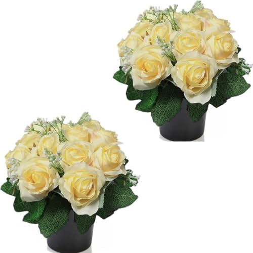 Etomvoop Grabblume im Topf, 12 Köpfe, künstliche Rosen, künstliche Beerdigung, Blumen, für Gedenkstätten, Friedhof, Weihnachten, dekorativ, 2 Stück