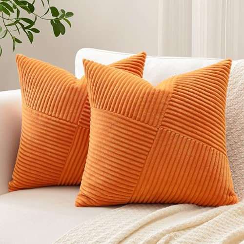 Sungeek 2er Set Cord Kissenbezüge, Windmühle Streifen Muster Kordsamt Kissenbezug Dekokissen Sofakissen Patchwork Design Deko Zierkissenbezüge Kissenhülle für Wohnzimmer (50x50cm, Orange)