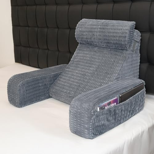 Selectico Reading Pillow for Bed, 19 Back Pillow for Bed Sitting up, Big Pockets & Built-in Arms, Backrest Cushion, Wedge Support for Reclining/Reading/Resting/Watching TV, Washable Cover, Slate Blue