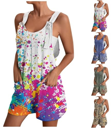 YIzdegg Dungarees Women's Short Colourful: Jumpsuit Patterned Casual Sleeveless Overalls Shorts Dungarees Adjustable Straps Romper with Pockets Playsuits Soft One-Piece Shorts Wide Leg Playsuit