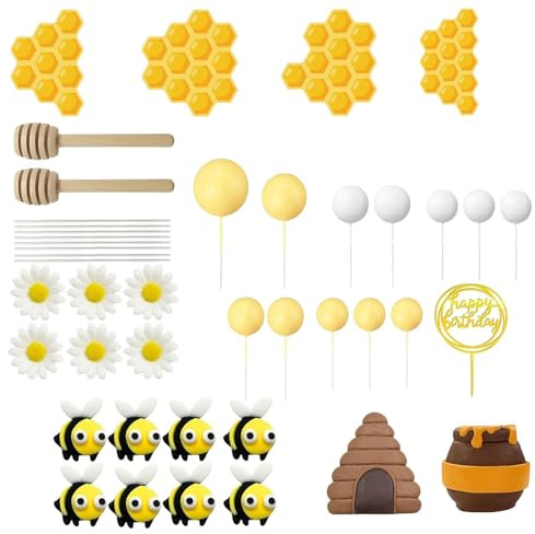 MagiDeal 35Pcs Bee Cake Toppers, Honey Jar Cake Topper, Creative Honey Bee Theme Party Decoration for Baby Shower Celebration