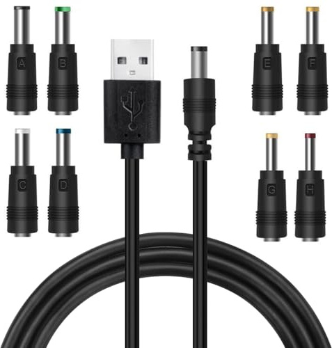 Lubarion USB to DC Power Cable, 1m Universal 5V Charger Adapter Cord with 5 Connectors, USB to 5V DC Charging Cable for Router, Camera, LED Strip, Tablet, Power Bank
