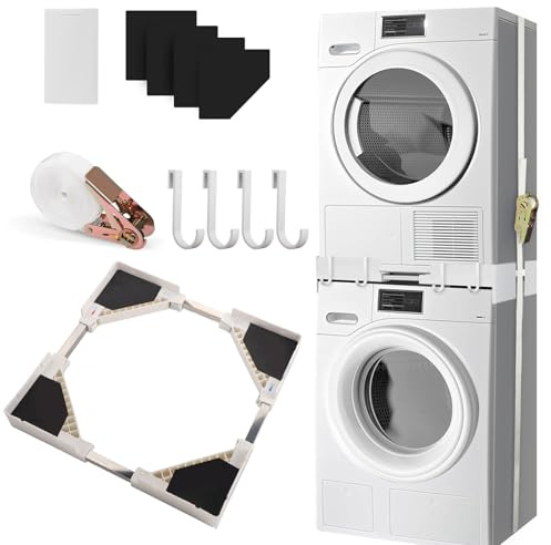 Gxpjycfob Universal Stacking Kit for Washer and Dryer, Adjustable Stacking Kits for Washing Machine and Tumble Dryer Ranging from 45-68cm, Stacking Shelf with Ratchet Ropes and Anti Vibration Feet