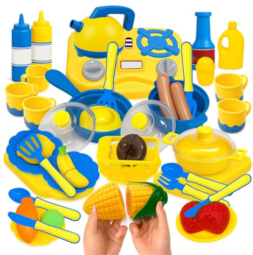 Toyana 43 PCs Kids Kitchen Accessories Toy, Realistic Pretend Play Cooking Utensils & Cookware Playset with Stove, Role Play Food Cutting Set, Educational Kitchen Gift Set for Children Ages 3+ Years