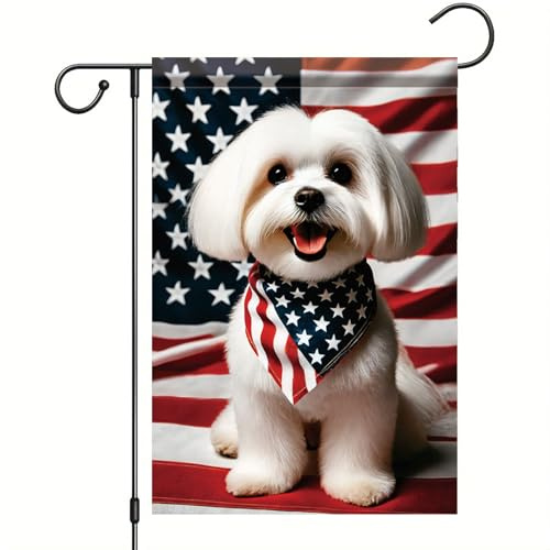 Drapeau De Jardin Chiot Patriotique Américain Pour Chien Maltais Du 4 Juillet Drapeaus Décoratif Couleurs Vives Garden Flag Antifouling Drapeau De Bienvenue Pour Home Pelouse Pavillon 30X45Cm