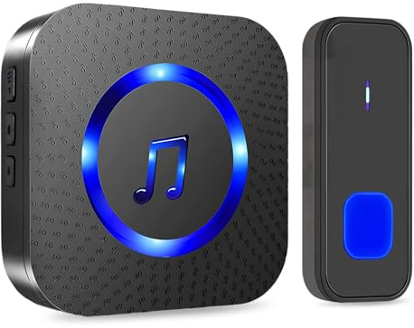 Funkklingel, IP65 Funk klingel Kabellose Türklingel 300m Reichweite, Haustür Klingel kit mit 1 Plug-In-Empfänger und 1 Sender, 55 Melodien doorbell Mit LED-Blitz, Schwarz