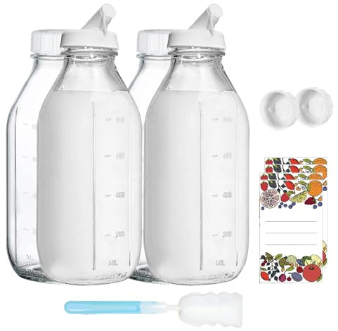 Hniuyun 4 Pack 32oz Glass Milk Bottles - Reusable with Airtight Lids & Pour Spouts, Measurement Marks & Cleaning Brush for Milk, Juice, Iced Coffee, Water Storage