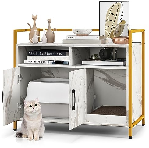 COSTWAY Katzenschrank Katzentoilette mit Doppeltüren & Kratzunterlage, Katzenhaus mit offenem Regal & 2 Fächern, Katzenhöhle Katzenklo Schrank, für Katzen Hunde Haustier (Weiß-Marmor)