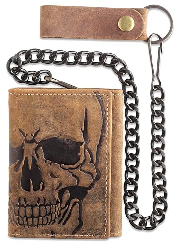 F&L CLASSIC RFID Blocking Men's Tri-fold Vintage Biker Cowhide Leather Steel Chain Wallet,Snap closure, brown,skull,315-70