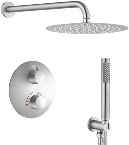 SaniteModar Unterputz Duscharmatur Set mit Thermostat | Duschsystem Unterputz mit 25cm Regendusche & Handbrause | Unterputz Duscharmatur, Gebürstetes Nickel