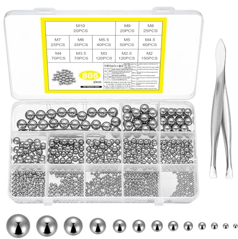 805 Pcs Stainless Steel Precision Bearing Balls, 2-10 mm Bicycle Balls Bearings, Metric Metal Precision Bicycle Bike Bearing Balls Assortment Kit for Bicycle Wheel Skateboard Bearings, 13 Sizes