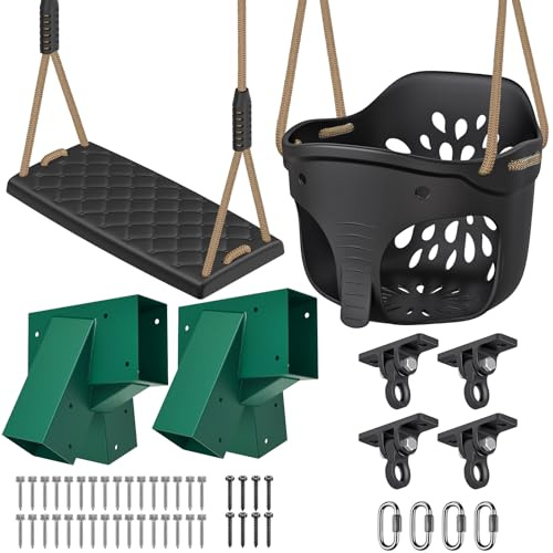 SELEWARE Heavy Duty Swing Set Brackets Kit with 2 Green A-Frame Swing Brackets, 4 Black Swing Hangers & 2 Black Swing Seats, Complete DIY Outdoor Playground Hardware for Backyard, Kids & Toddlers