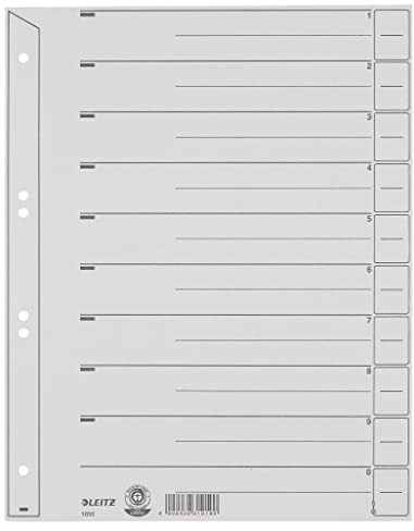 Leitz Register für A4, Deckblatt und 10 Trennblätter, Taben individuell zuschneidbar, 25 Stück, Überbreite, Grau, 100% Recyclingkarton, 16503085