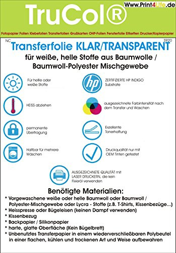 T-Shirt Textil-Transferfolie FÜR HELLE STOFFE Textilien DIN A4 klar transparent zum Aufbügeln und Selbst gestalten (20 Blatt) - für Laserdrucker und Kopierer