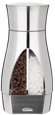 Trudeau Stainless Steel Manual 2-in-1 Salt and Pepper Mill - 7.5-Inch Space-Saving Grinder with Durable Carbon Steel Pepper Grinder and Rust-Proof Ceramic Salt Grinder - Adjustable Grind Settings