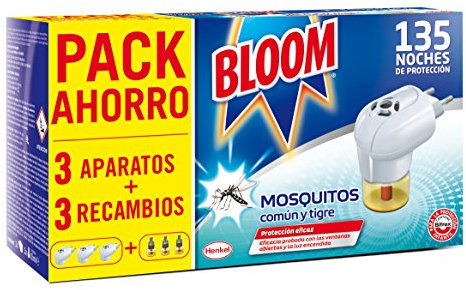 Bloom Insecticida Doble Eficacia Electrico Líquido para mosquitos común y tigre - 3 Aparatos + 3 Recambios