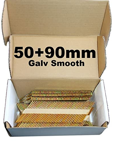 Mixed Pack 500 x 50mm Galv Ring + 500 x 90mm Galv Smooth Framing Nails,Clipped D-Head, for DEWALT 18v Cordless DCN692
