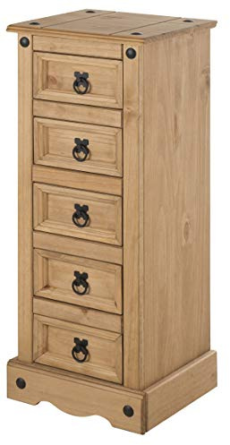 Corona Furniture 5 Drawer Tall Narrow Chest Bedside Table Cabinet Solid Wood Mexican Pine Wooden Slim Bedroom Drawers 89cm High. 35cm Wide. 33cm Deep.