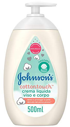 Johnson's Baby Cottontouch Crema Liquida Viso e Corpo, Crema corpo bambini e neonati idratante, Crema viso neonato con vero cotone emolliente, Crema corpo neonato senza coloranti e solfati, 500 ml
