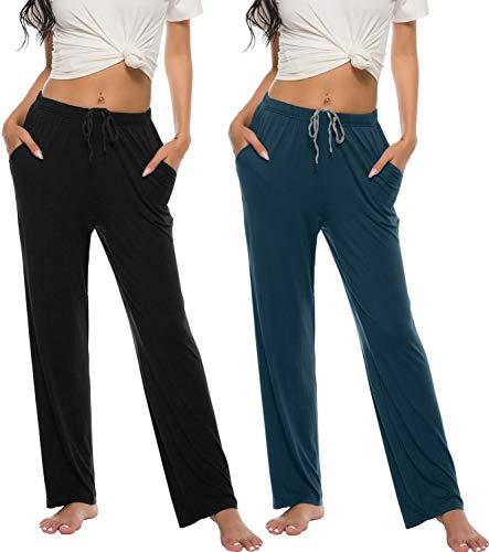 MoFiz Pantaloni Lunghi da Pigiama Donna Morbidi Pantaloni Larghi da Notte con Tasche per Yoga Jogging 2 Pack-01, M