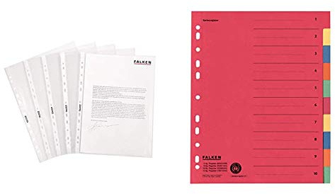 Original Falken 100er Pack Economy PP-Kunststoff Prospekthüllen. Für DIN A4 transparent genarbt oben offen Klarsichtfolie & Falken Karton-Register überbreit. Made in Germany. Für DIN A4 24 x 29,7 cm