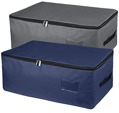 IHOMAGIC 2 Piezas Bolsas de Almacenaje Bajo la Cama con Asa, Plegable Bolsa de Almacenamiento de Ropa Gran Capacidad - Debajo Cama Organizador de Edredones, Manta 49L (Gris Oscuro/Azul Oscuro)