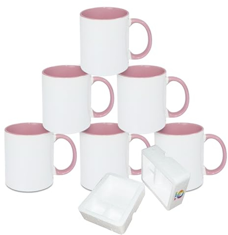 MR.R Tazas de café en blanco de sublimación de 11 oz, taza de taza blanca en blanco con interior de taza de color rosa y asa, juego de 6