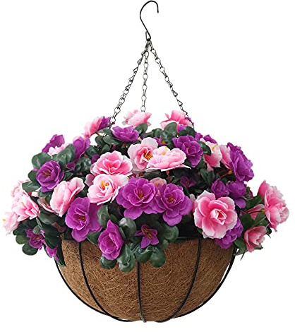 Home Accessories Rosa Lila Rhododendron DIY Künstliche Pflanzen Blumen Azaleen Fake Silk Blumen Süße Kette Hängekorb Blumentopf Indoor und Outdoor (Medium Korb)