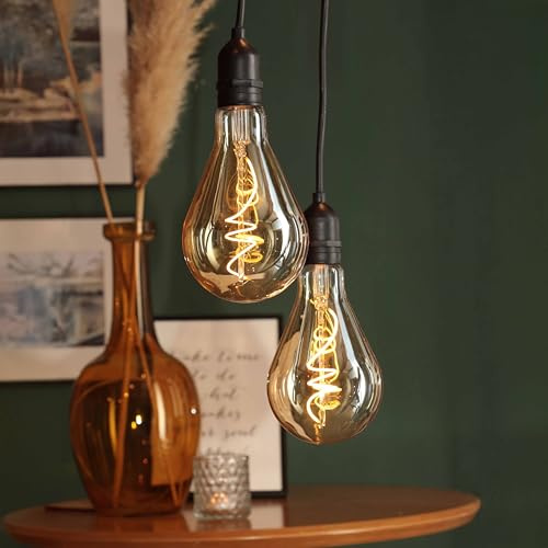 hellum 2x Hängelampe mit Batterie, Fernbedienung Timer outdoor dimmbar | Glühbirne outdoor gold mit Batterie (8xAA), LED Filament, Ø13x27 & Ø10x20cm, A130 & A100 Retro Birne für Hochzeit 524727