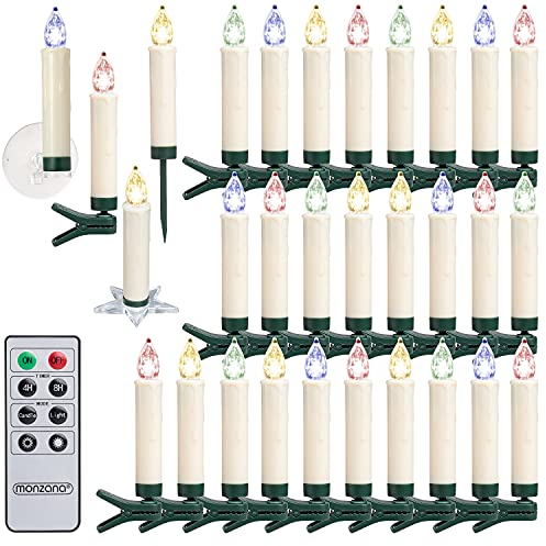 MONZANA® Christbaumkerzen LED Kabellos 30er Set Batterie Timer Fernbedienung Echtwachs Optik Lichterkette Weihnachten Flackernd Bunt Weihnachtsbaum