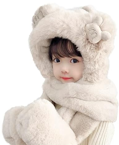 3 en 1 Enfant Bonnet Echarpe Gant Bob d’Hiver en Peluche Chaud Mignon Chapeau Polaire pour Garcon Fille Tour de Cou Doux Épais Coupe-Vent pour Sport Ski 3-8 Ans