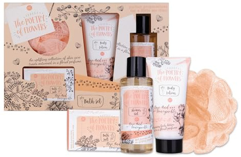 accentra - Geschenkset Frauen POETRY OF FLOWERS 4-teilig - Badeset Geschenk mit Bodylotion, Badesalz, Duschgel & Netzschwamm – Wellness Set für Frauen & Mädchen zum Geburtstag & Valentinstag