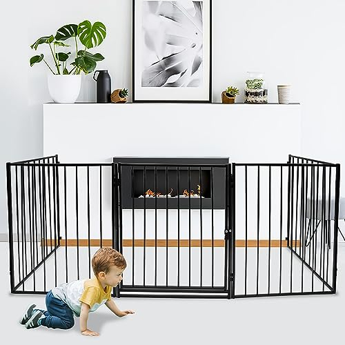 Ikodm Barrera de Seguridad para Niños y Mascotas 304cm,Protectora para Chimenea con Puerta, protección para Animales, 5 Piezas Negro