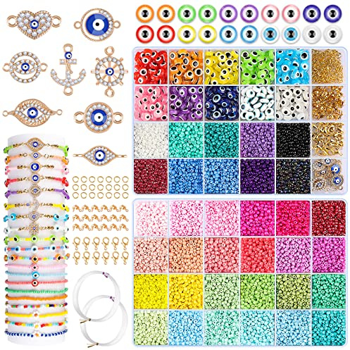 Perlen zum Auffädeln Evil Eye - 19999 Glasperle armband set selber machen, Perlen Set für Mädchen Kind Frauen, 34 Farben Samen Perle Kit für Armband Halskette