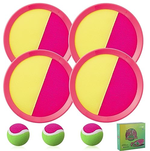 Bufeeaye Kids Outdoor Games - Beach Games, Outside Toys Ages 4-8, Toss and Catch Ball Set, with 4 Paddles 3 Balls, and 1 Storage Bag, Beach Toys for Kids Easter Gifts - 4 Pink