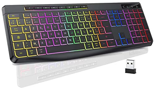 TECURS Clavier Gamer sans Fil - Clavier Ordinateur Silencieux avec Contrôle Média AZERTY Rétroéclairé, USB Clavier Ergonomique et Etanche, 3 Touches Anti-Ghosting LED 2.4Ghz pour Windows, Mac, PC
