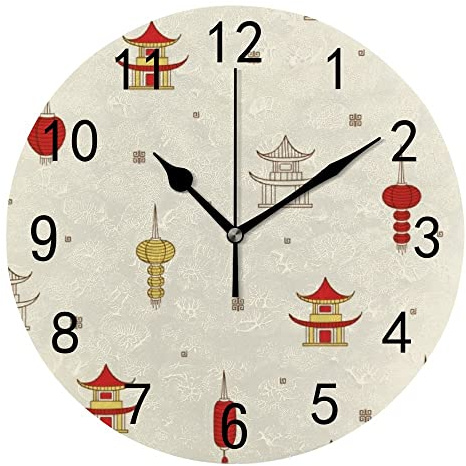 DJNGN Wall Clock Silent Non Ticking Chinese Pavilion Traditional Elements Fashionable Decorative Battery Operated Round Clock for Bedroom Office School Home Living Room,9.8 Inch