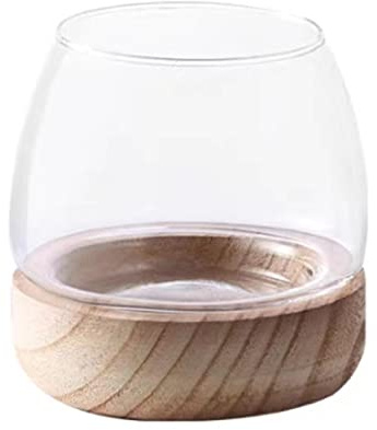 Klarglas-Fischschale mit Holzsockel, Mini-Fischschale, Hydroponische Blumenvase, Runde Glasblasenschale, Fischglas-Vase für Tischdekoration, Schlafzimmer, Wohnzimmer, Heimbüro-Dekoration(L)