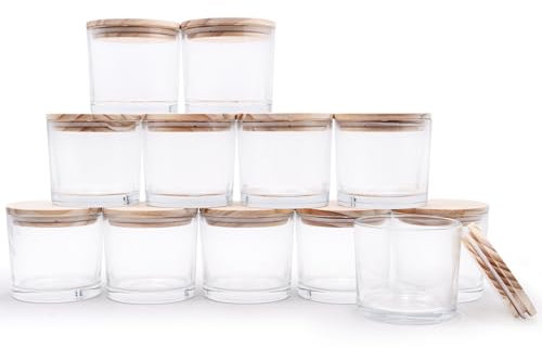 SHOWIN Dicke Kerzengläser für die Herstellung von Kerzen, leere Gläser mit Holzdeckel, für Gewürzgläser, Probenbehälter, transparent, 340 ml, 12 Stück