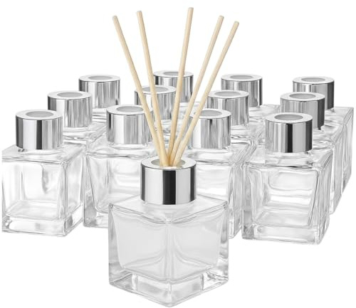 Doni Bomboniere - 12 Bottiglie vuote in Vetro da 50 ml con Bastoncini Legno per Profumatore Ambiente - Diffusori di Oli Essenziali per la Casa Bagno Salotto, Arredo Decorativi (Silver)