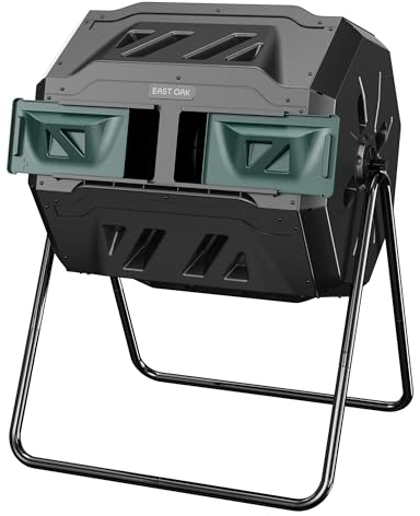 EAST OAK Compost Tumbler - Contenitore per compostaggio da esterno, a doppia camera, con 2 porte scorrevoli e sistema di aerazione, per cucina, giardino, cortile
