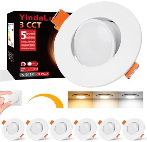 YindaLux LED Einbaustrahler Schwenkbar LED Spots 230V Dimmbar 5W, Deckenspots Warmweiß 3000K Neutralweiß 4000K Kaltweiß 6500K Spots Deckenleuchte 68mm, Einbauleuchten Ultra Flach für Bad, 6er Set