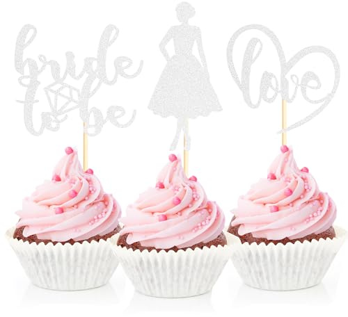 Sotpot 24PCS Bride to Be Cupcake Toppers with Heart Silver Glitter Dress Bridal Shower Cupcake Picks for Wedding Bridal Shower Wedding Engagement Party Cake Decorations