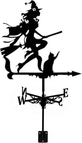 Wetterfahne aus Metall mit Hasenmotiv, Wetterfahne Edelstahl, Wetterfahne Zauberin und Katze, Retro-Windrichtungsanzeiger zur Dachmontage für Gartendekorationen auf dem Bauernhof im Freien(A)