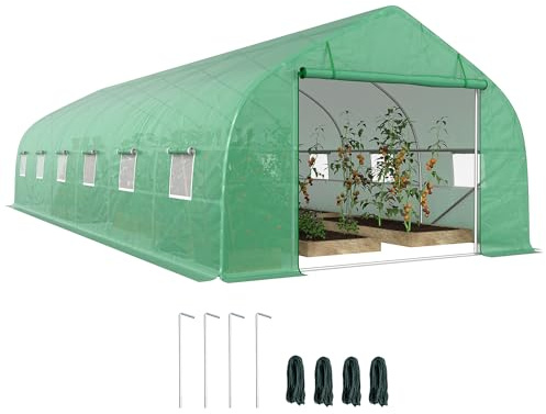 Outsunny Serre Tunnel 24 ㎡ avec bâche PE Cadre en Acier galvanisé Ø 24 mm 12 fenêtres et Porte roulante Vertes 8 x 3 x 2 m Vert