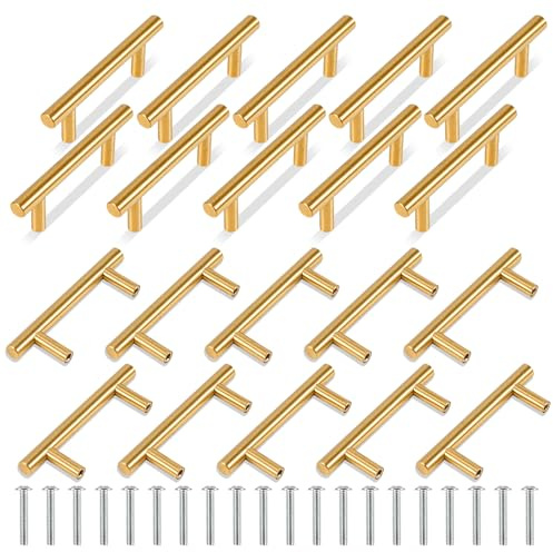 TRIXES 20er Set goldene T-förmige Möbelgriffe aus Edelstahl 100 mm | Küchenschrank- und Schubladengriffe. Moderne Möbelbeschläge für Schränke und Türen.