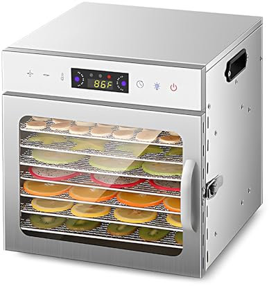 HUIOP Deshidratador de comida,Deshidratadores para alimentos y carnes secas con temporizador 24 horas y luz, 8 rejillas de secado 400 W 30-90 ℃ Deshidratador de frutas y verduras con control