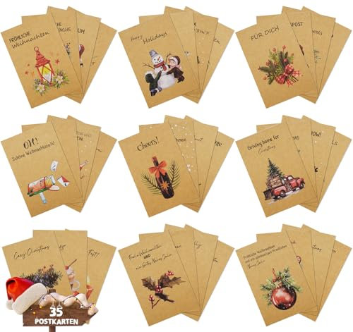 Homewit Weihnachtspostkarten Set, 35 Stück A6 Weihnachtskarten mit unterschiedlichen, Deutsch Postkarten Weihnachten Kraftpapier 10×15cm, Christmas Cards für die Familie Schönsten Weihnachtsgrüße