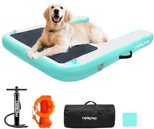 OWROMI Rampa Gonfiabile per Cani da Barca, Rampa d'Acqua per Cani di Grossa Taglia fino a 200 libbre (90,7 kg), Galleggiante in PVC Antiscivolo con Scala Zattera d'Acqua per Animali per Piscina, Molo